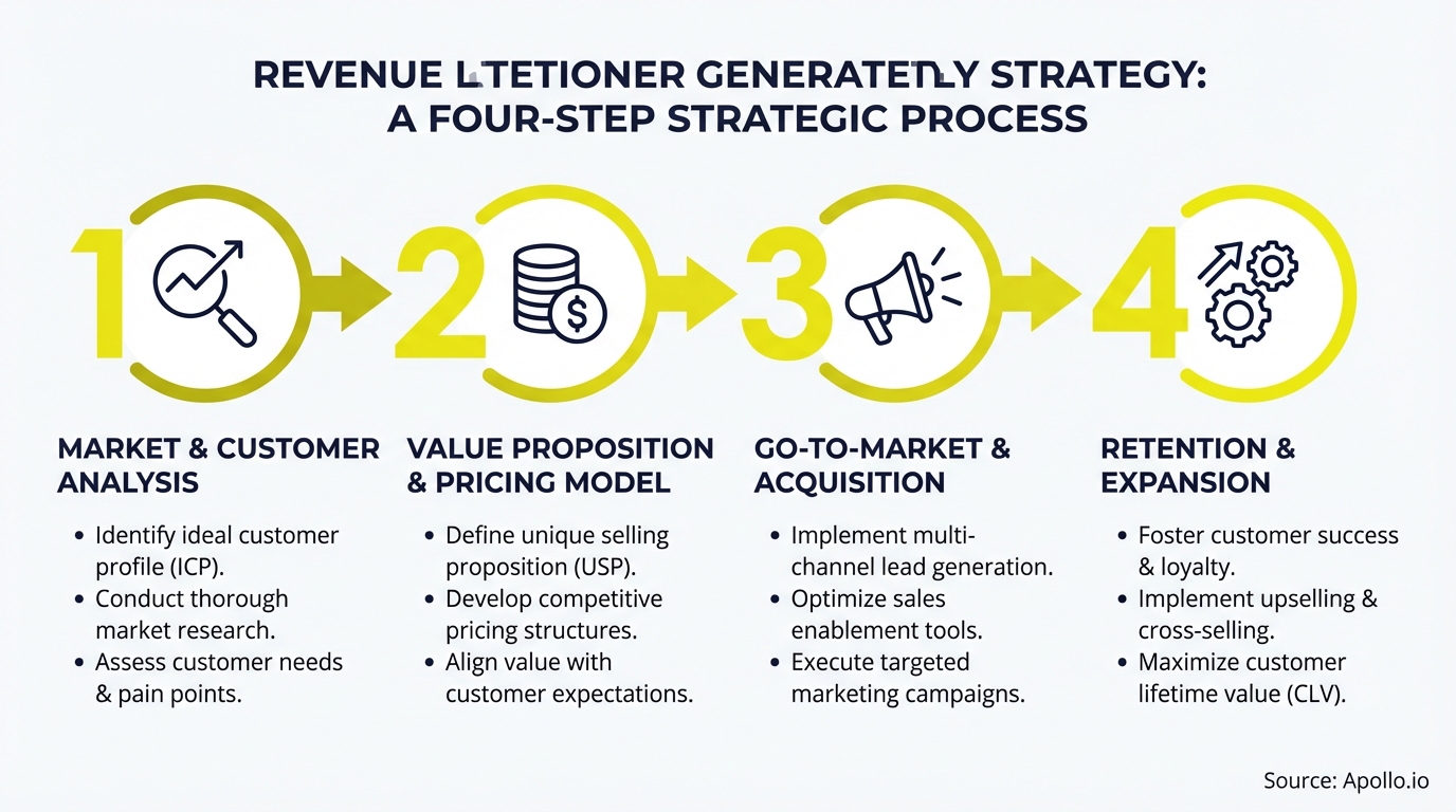 A diagram showing a four-step process for revenue generation, with numbered icons and descriptive text.