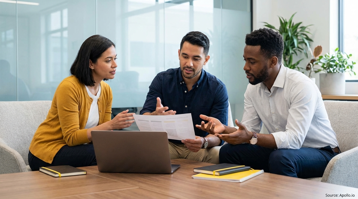 Three business colleagues discuss documents and laptop in a modern office.