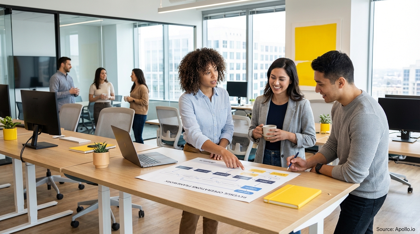 Sales team collaborating in a modern open-plan office in a sales team meeting