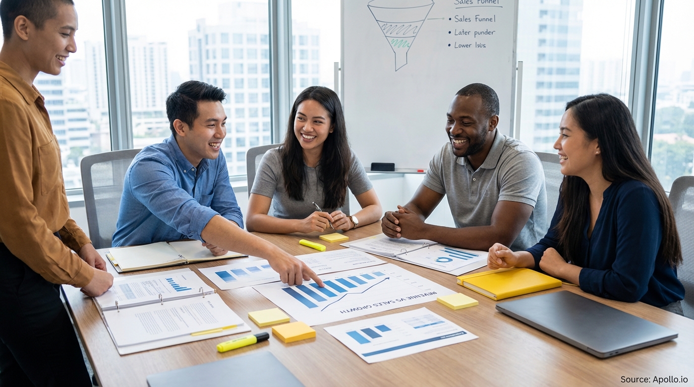 Sales professionals discussing strategy around a conference table in a sales team meeting