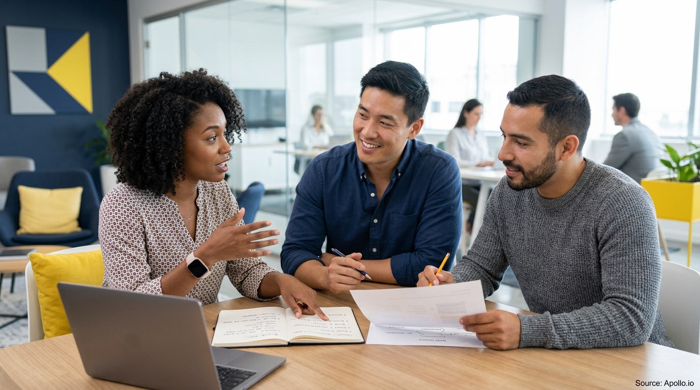 Three professionals review documents and a notebook while collaborating at a modern office table.