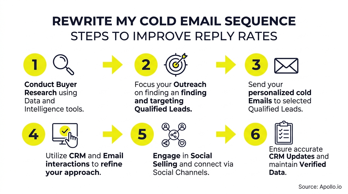 rewrite my cold email sequence steps to improve reply rates infographic, key steps and actionable takeaways