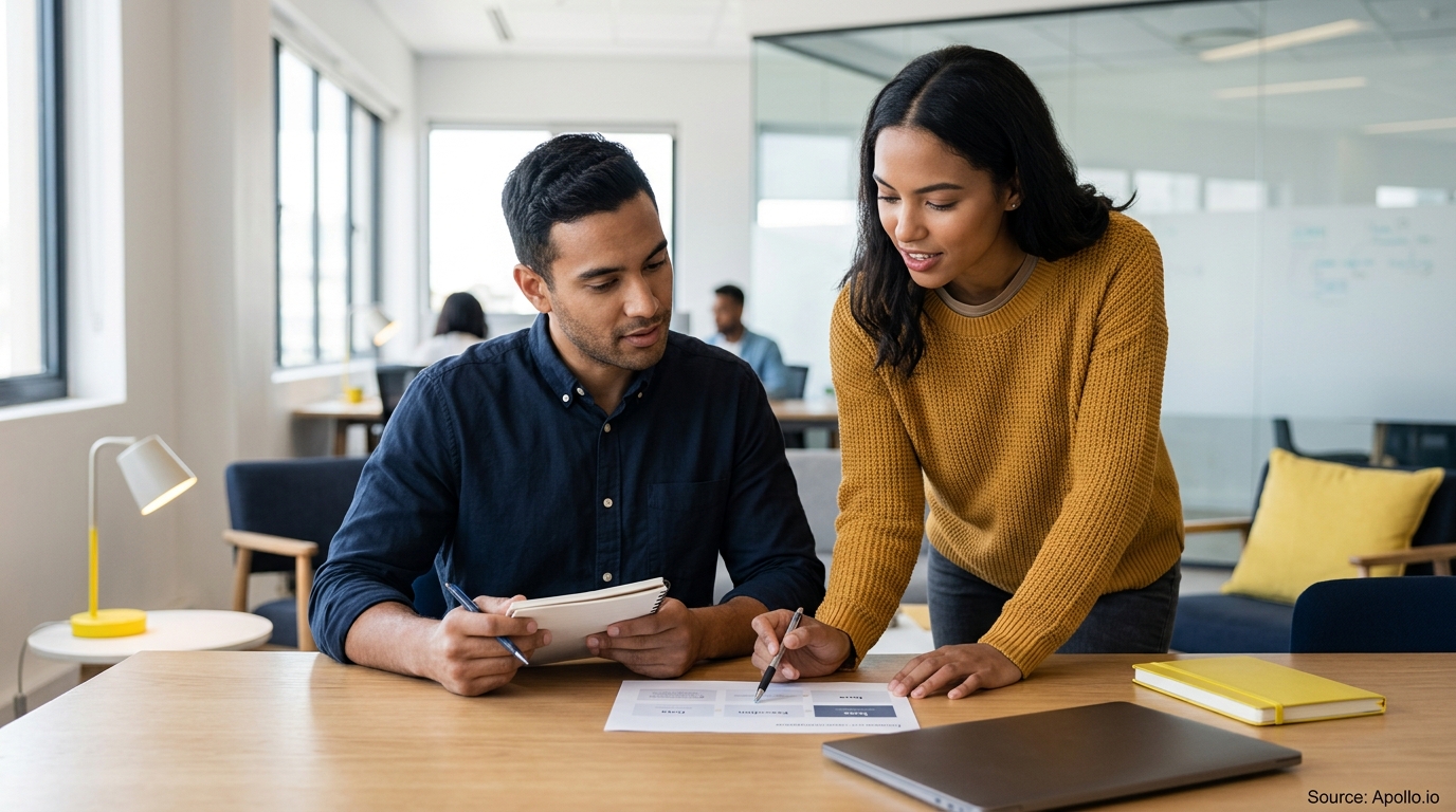 Two professionals review a document and take notes at a wooden table in a bright, modern office.