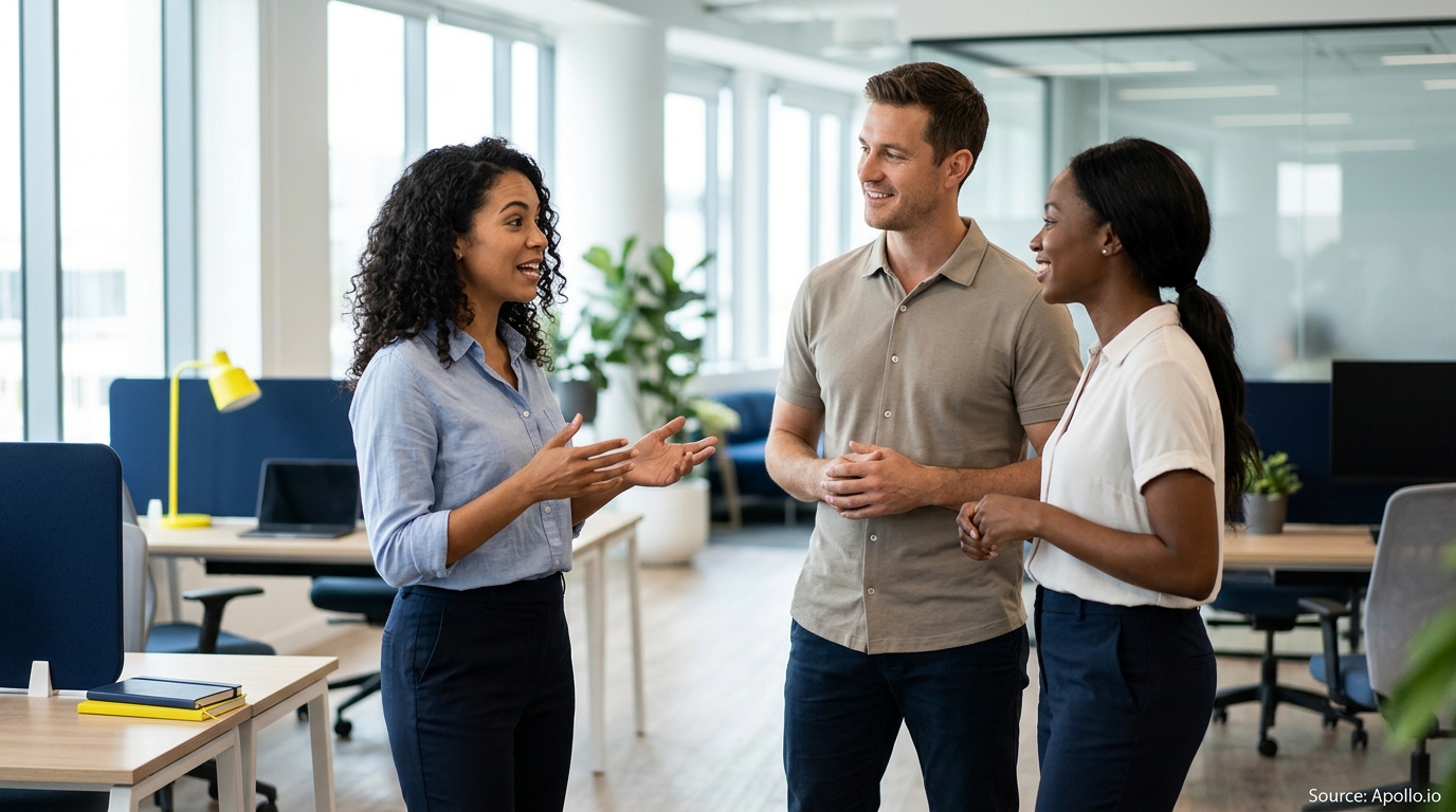 Three professionals engage in a conversation while standing in a bright, modern office.