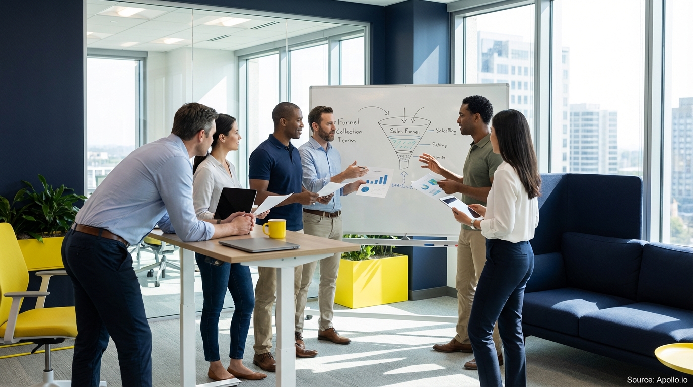 Sales team collaborating in a modern open-plan office in a sales team meeting