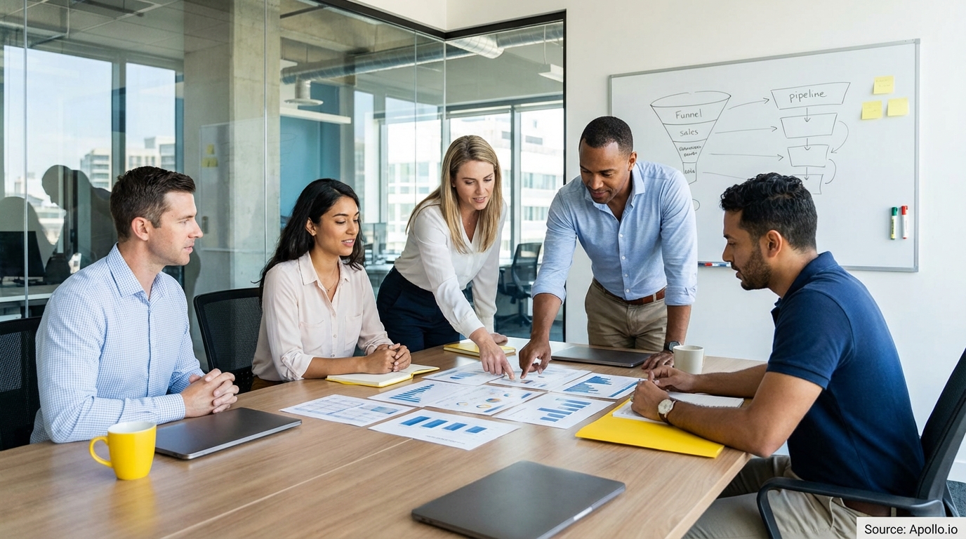 Sales professionals discussing strategy around a conference table in a sales team meeting