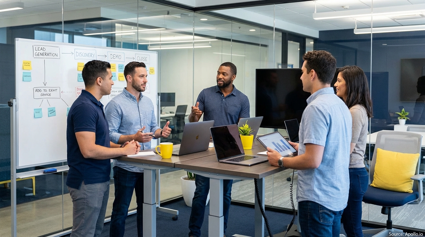 Sales team collaborating in a modern open-plan office in a sales team meeting