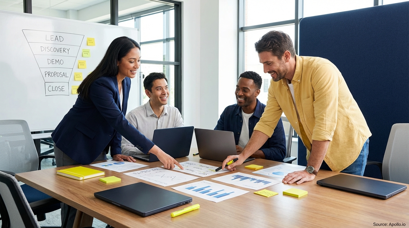 Sales professionals discussing strategy around a conference table in a sales team meeting