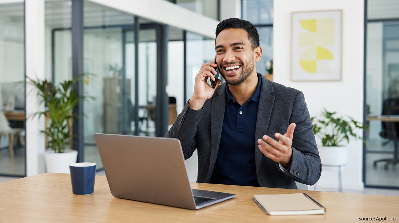 Smiling man on phone, gesturing at modern office desk with laptop and notebook.