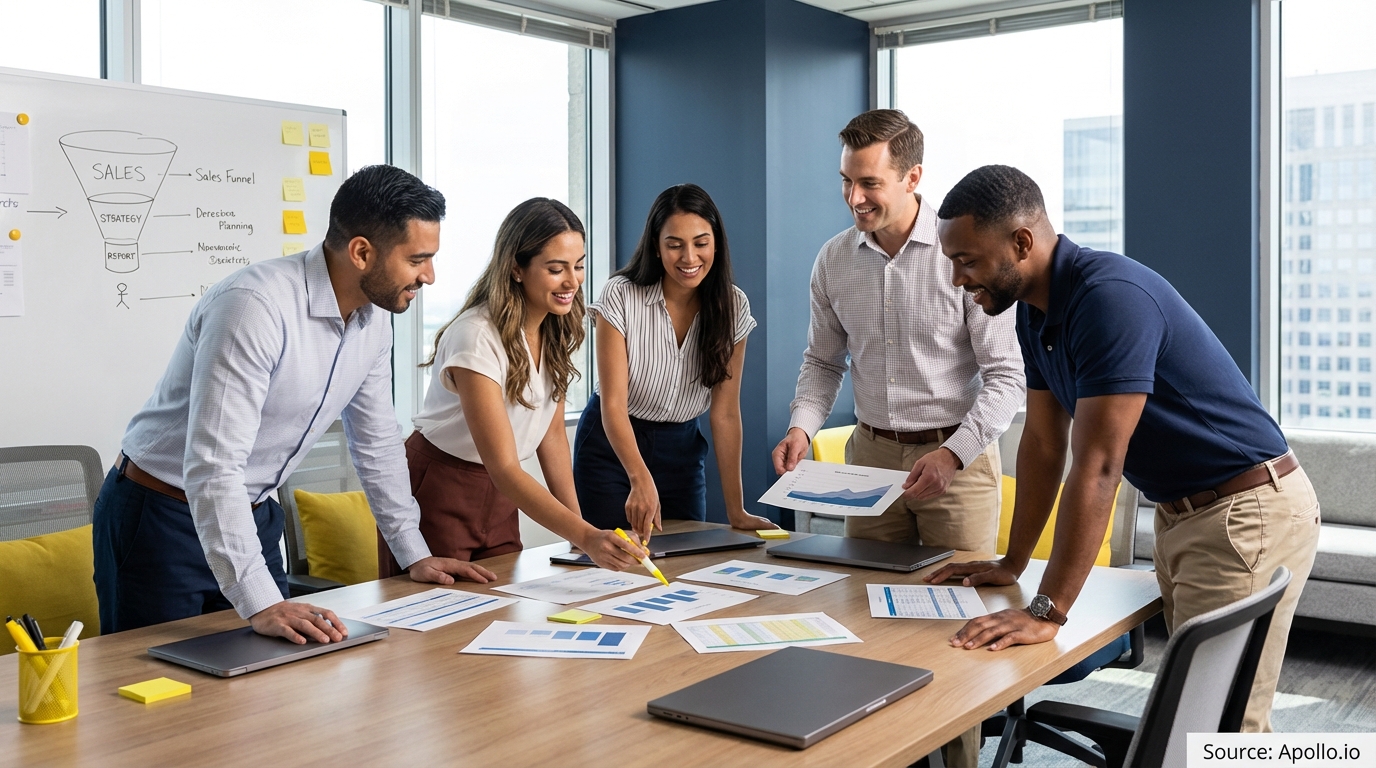 Sales professionals discussing strategy around a conference table in a sales team meeting
