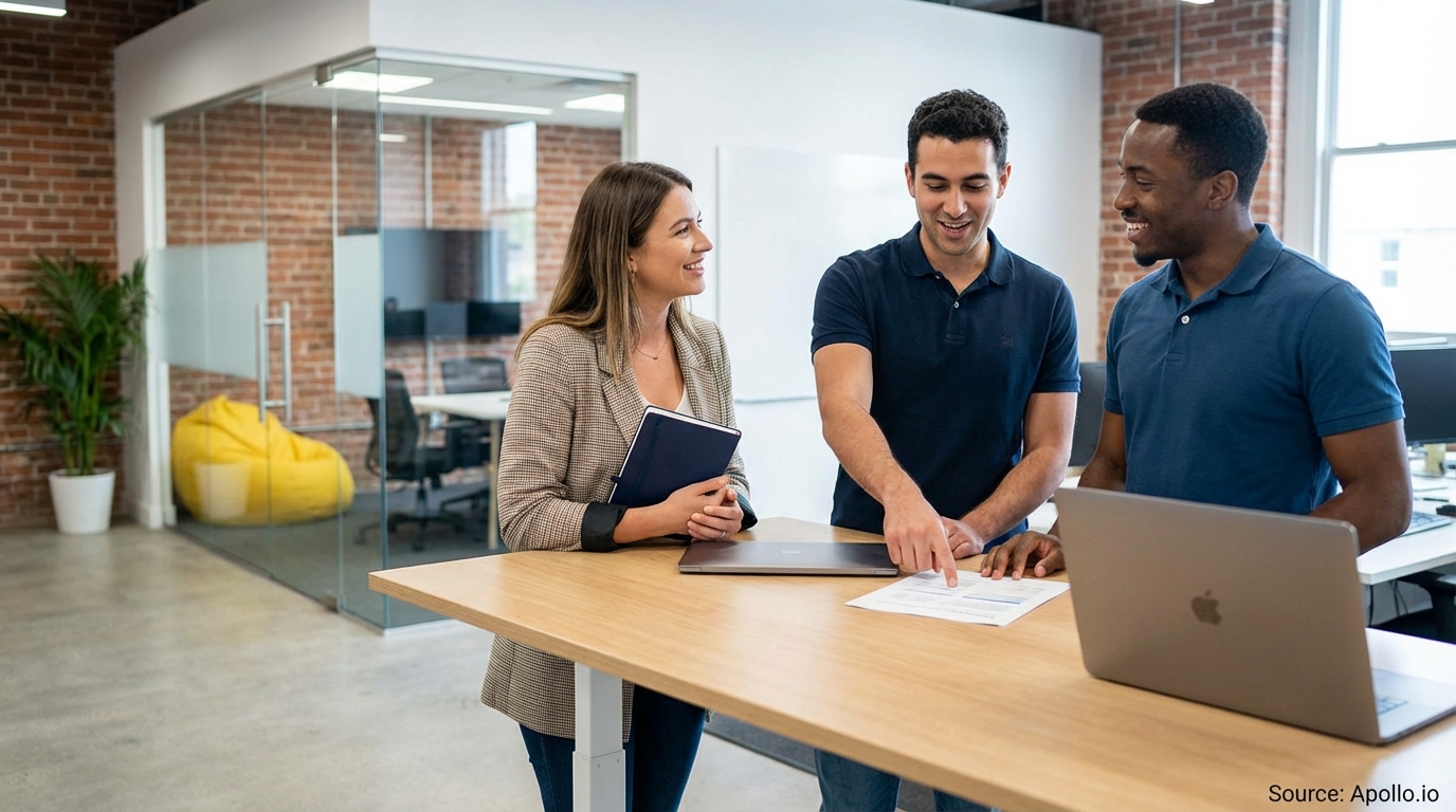 Sales team collaborating in a modern open-plan office in a sales team meeting
