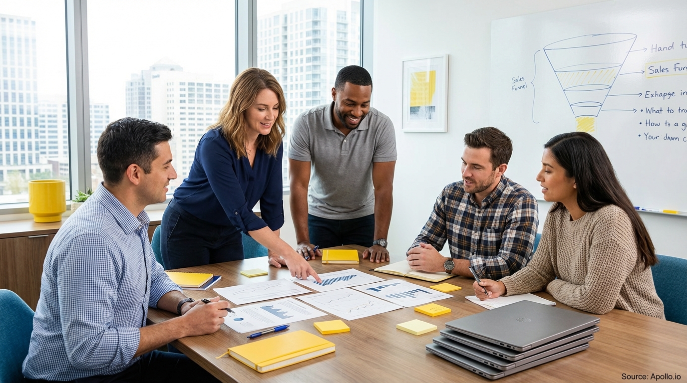 Sales professionals discussing strategy around a conference table in a sales team meeting