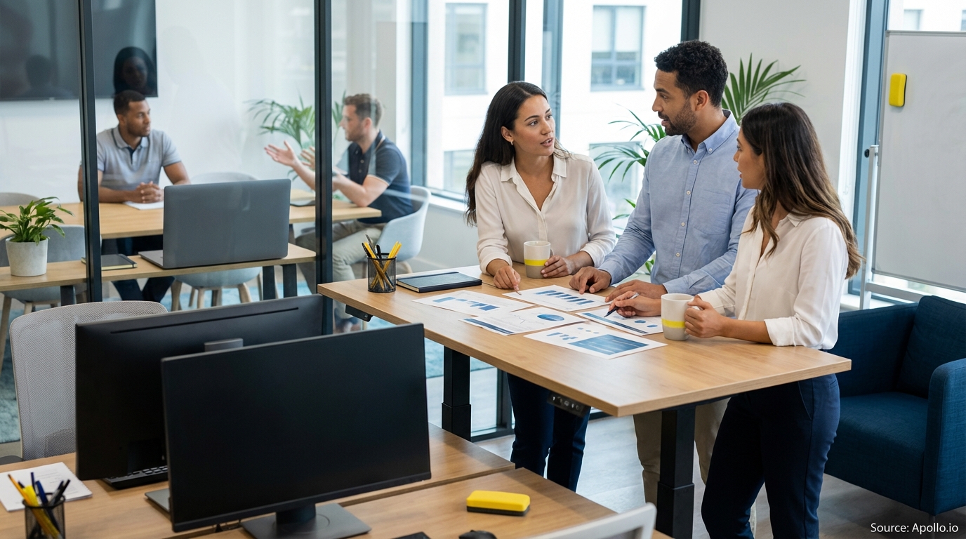 Sales team collaborating in a modern open-plan office in a team planning session