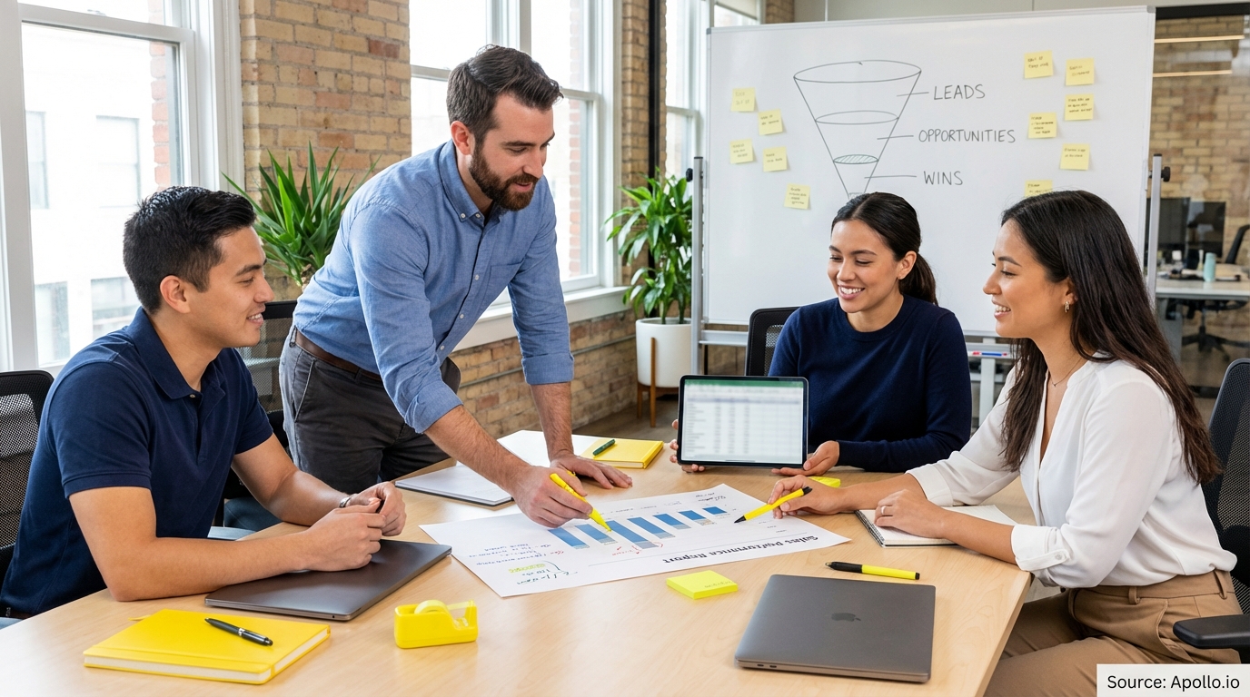 Sales professionals discussing strategy around a conference table in a team planning session