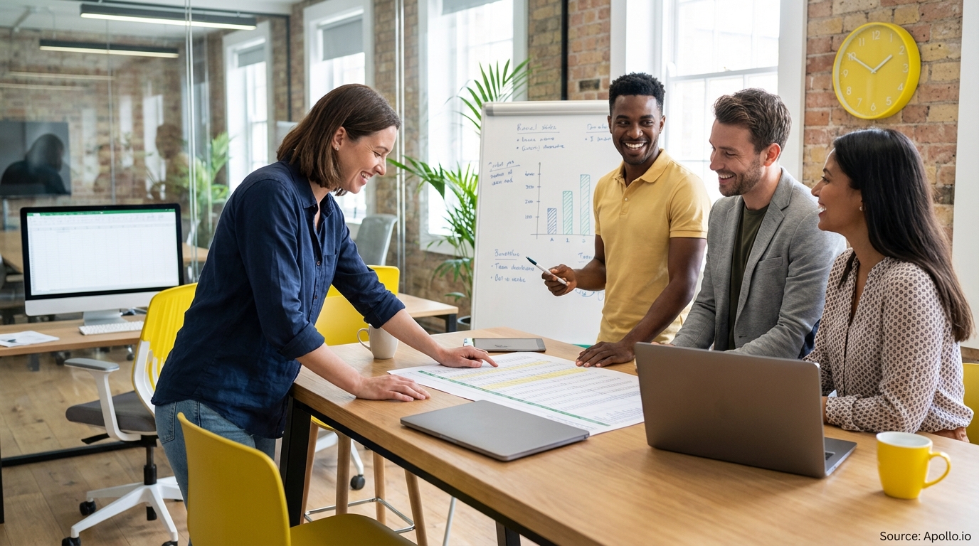 Sales team collaborating in a modern open-plan office in a sales team meeting