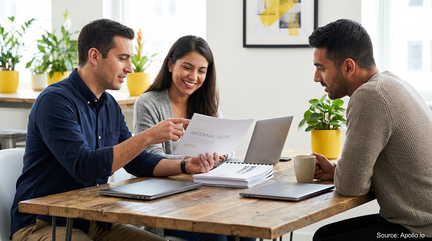 Three professionals discuss an internal guide at a wooden table in a bright office.