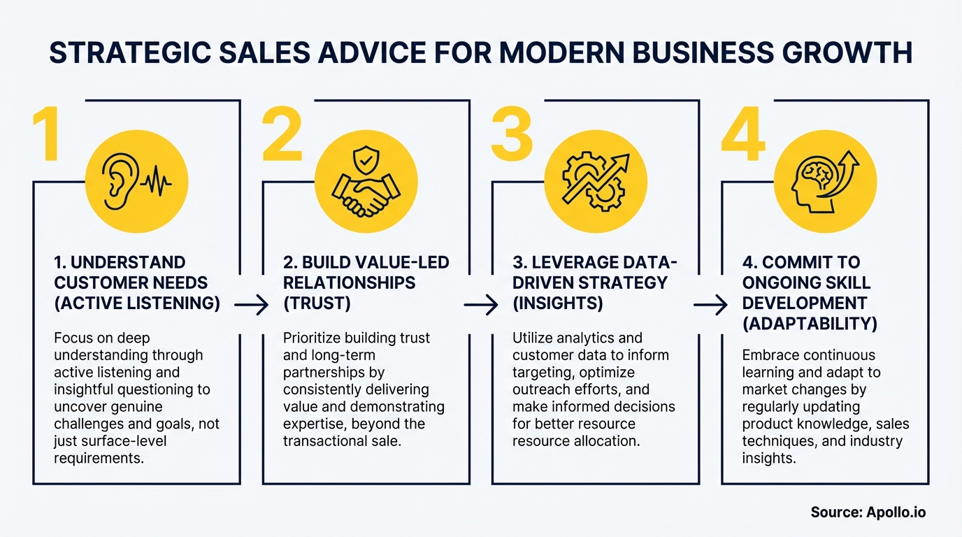 A four-step infographic illustrates strategic sales advice for business growth with symbolic icons and text.