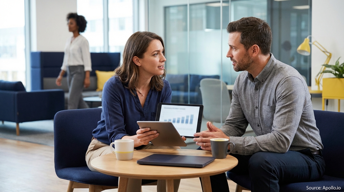 Two professionals discuss data on tablets in a modern office, with a third person in the background.