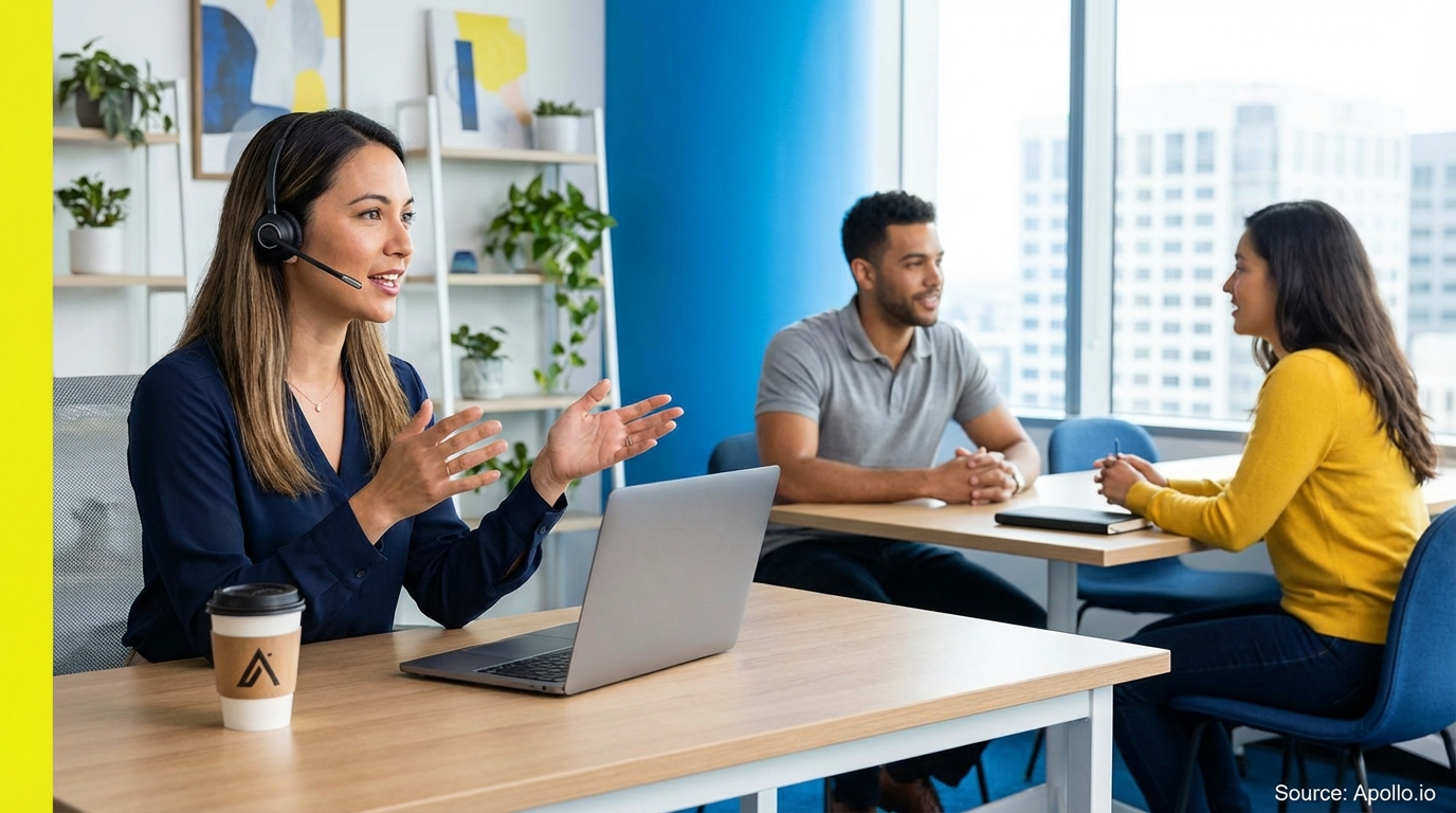 A professional in a headset speaks while two colleagues chat in a modern office.