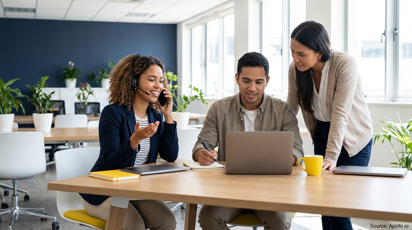 Three colleagues work in a bright office; one on headset, two reviewing a laptop.