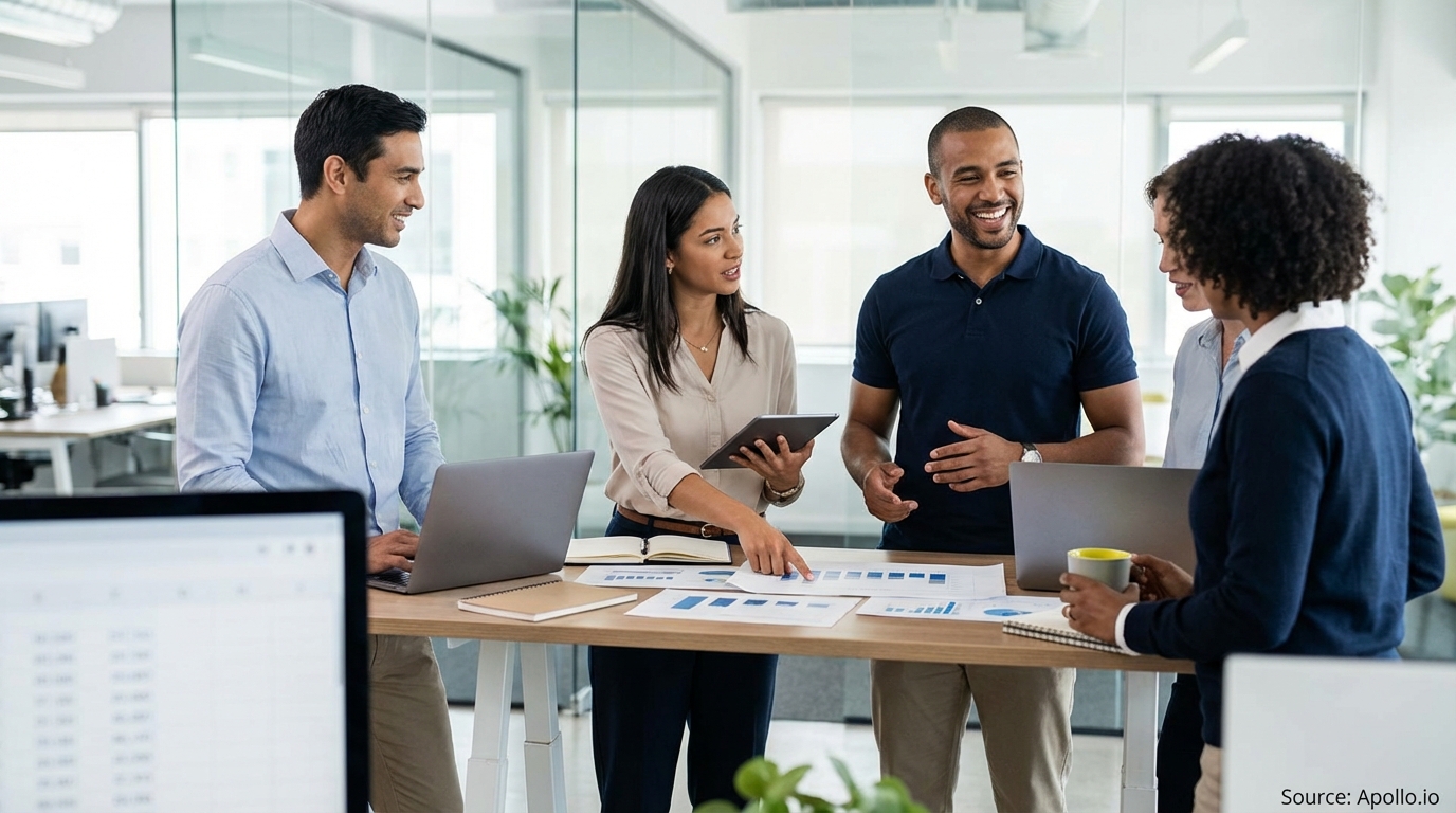 Sales team collaborating in a modern open-plan office in a sales team meeting