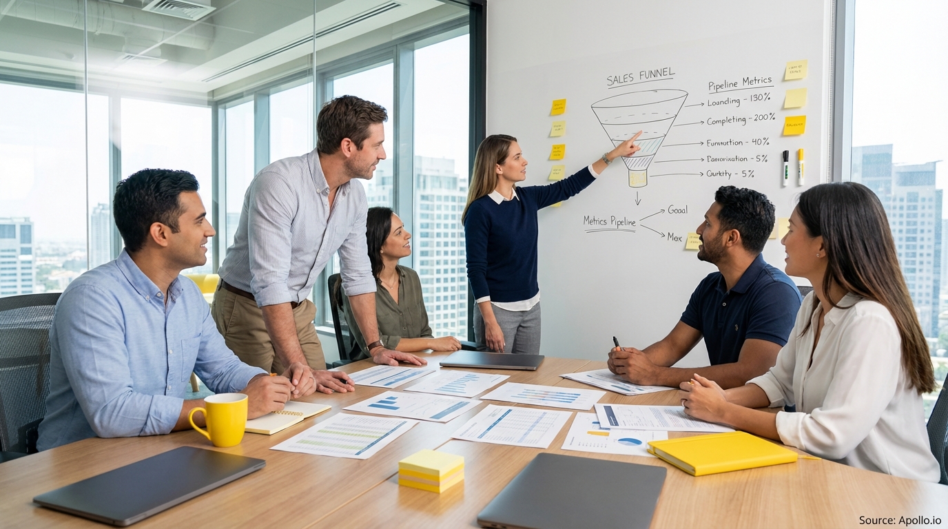Sales professionals discussing strategy around a conference table in a sales team meeting