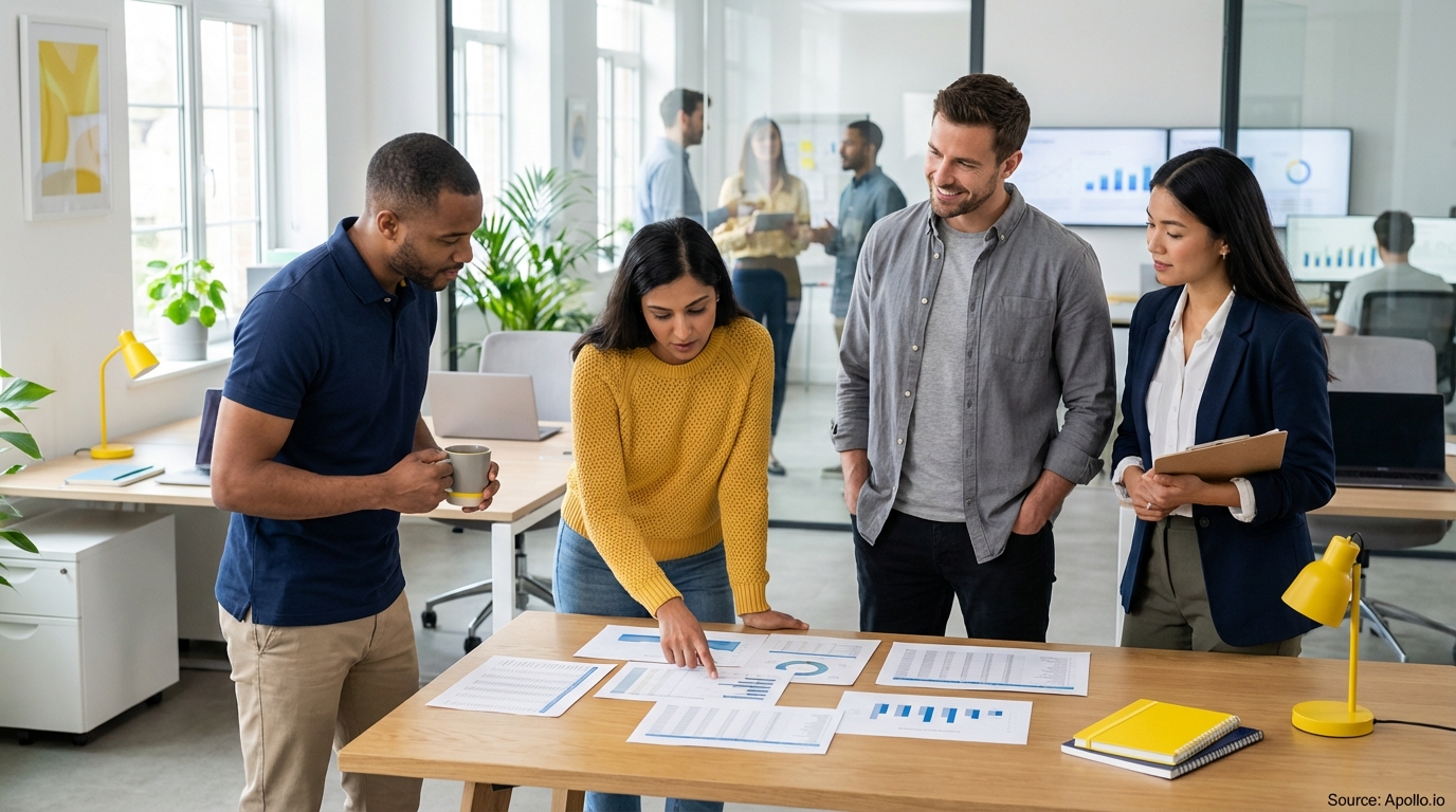 Sales team collaborating in a modern open-plan office analyzing performance data