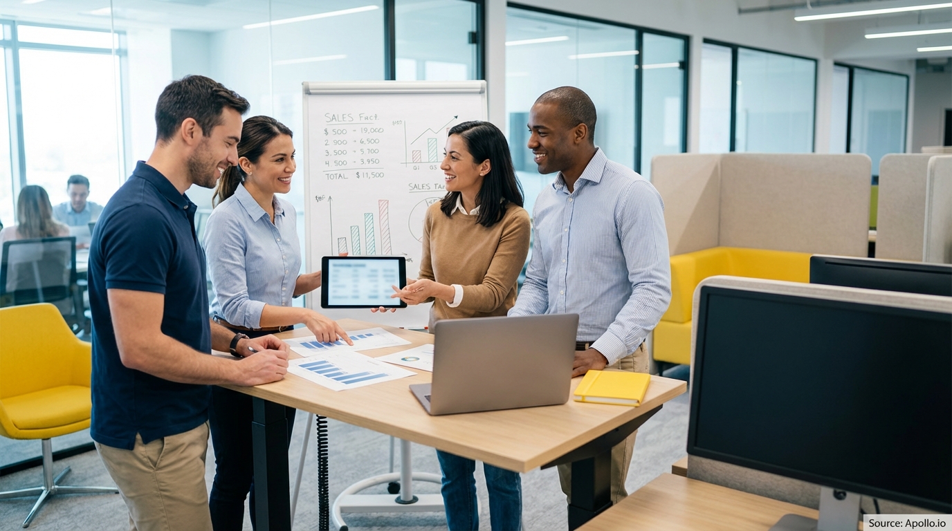 Sales team collaborating in a modern open-plan office analyzing performance data