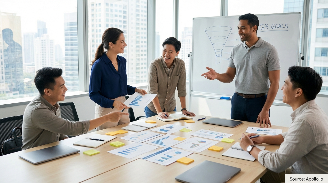 Sales professionals discussing strategy around a conference table analyzing performance data