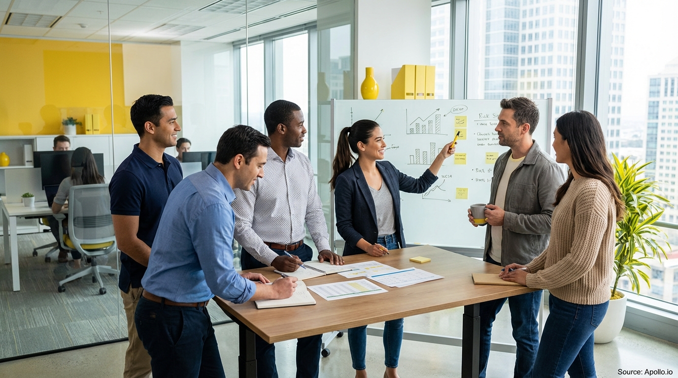 Sales team collaborating in a modern open-plan office analyzing performance data