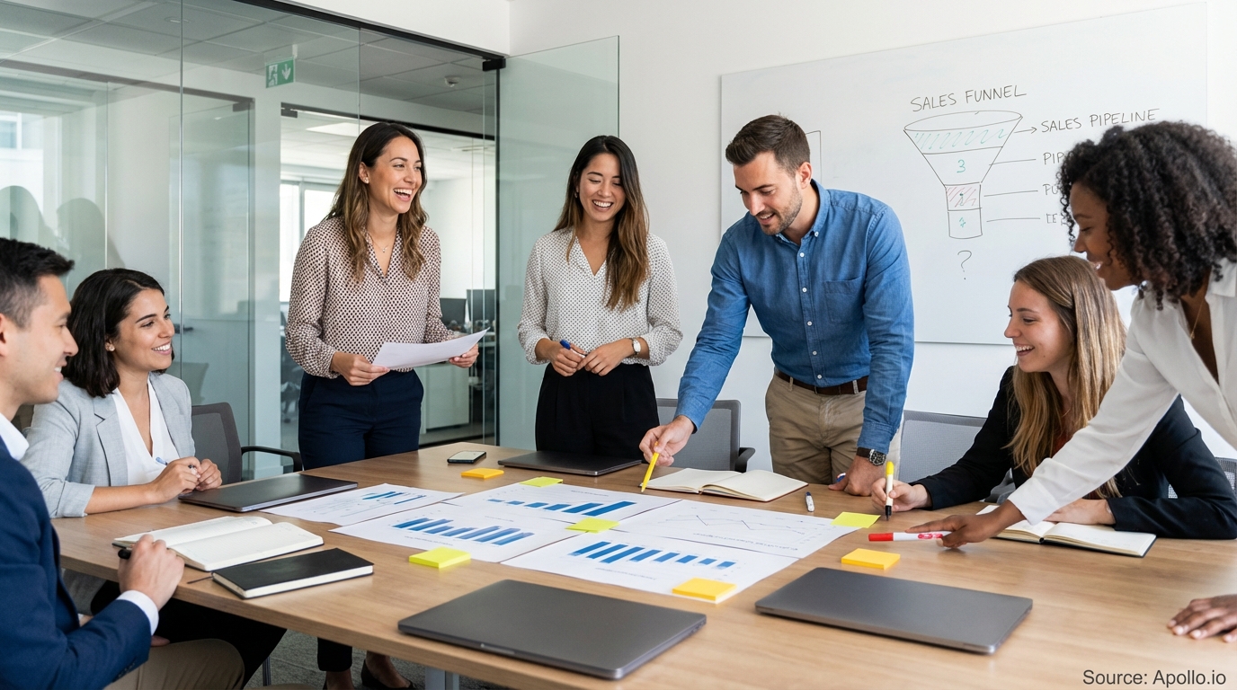 Sales professionals discussing strategy around a conference table analyzing performance data