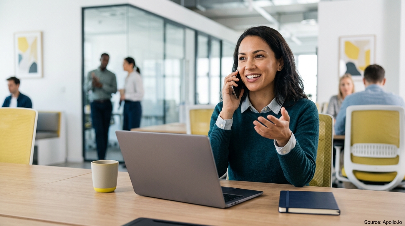 Six professionals work in a bright modern office as a woman talks on her phone at a desk.