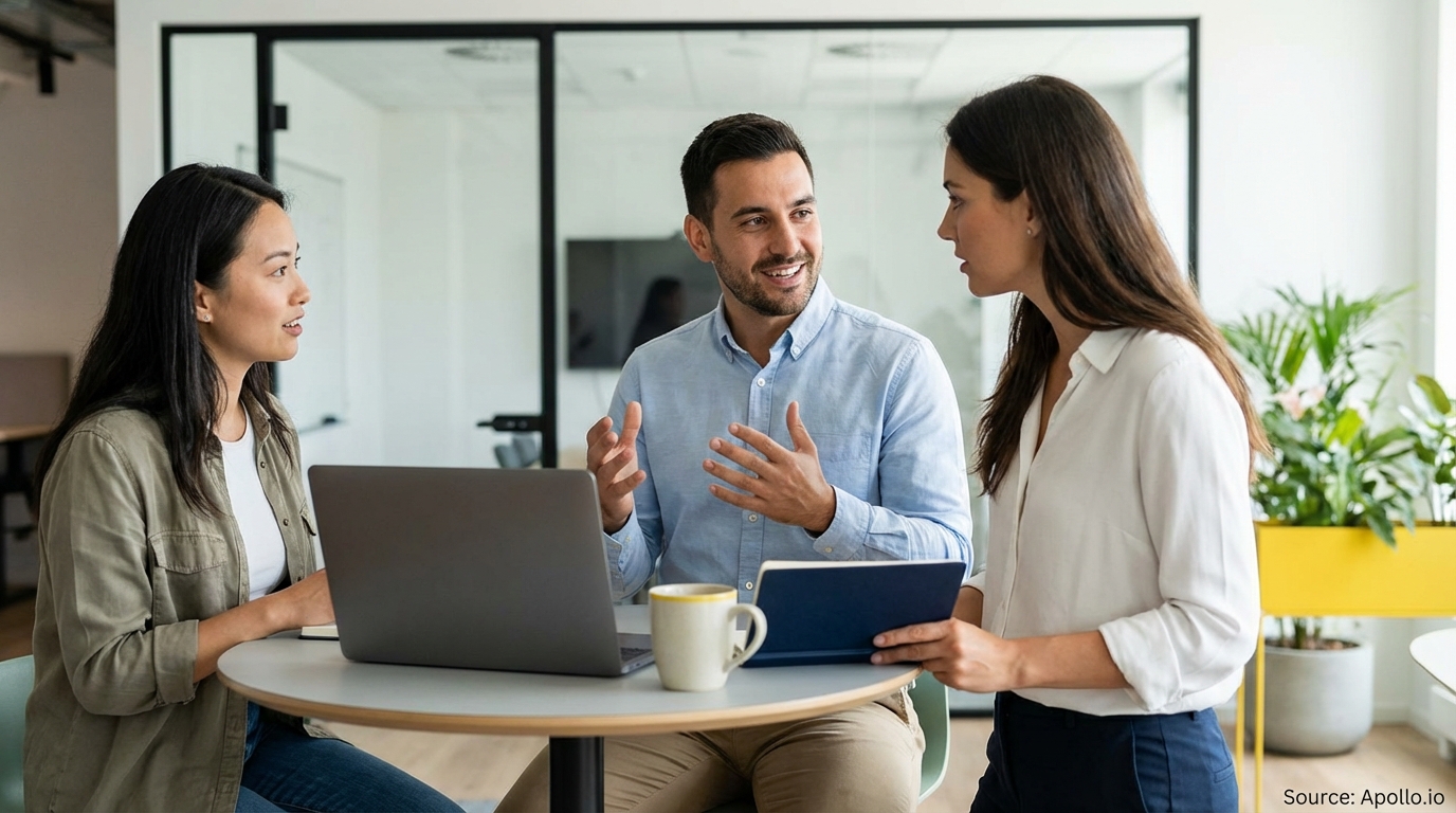 Three professionals meet at a table with a laptop and tablet in a modern office.