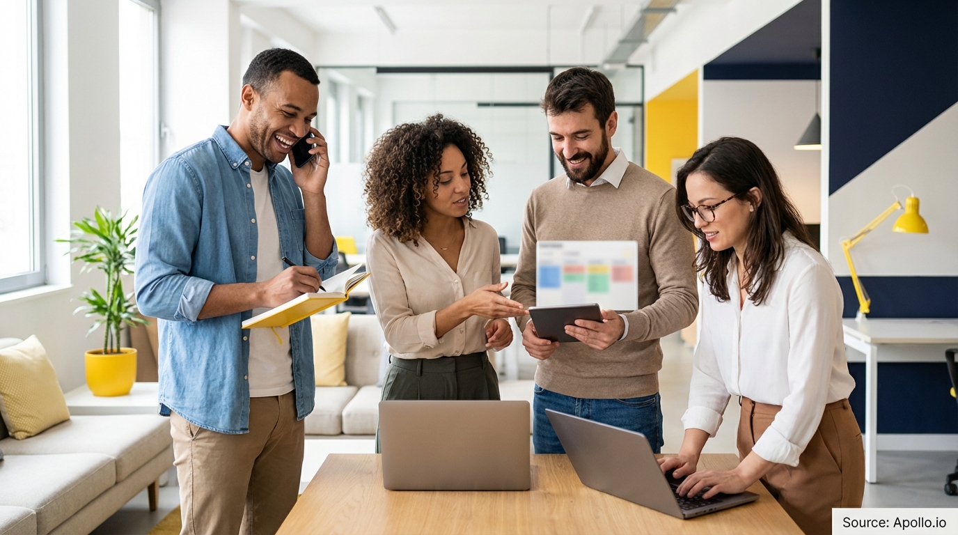 Four professionals collaborate in a modern office, using a phone, notebook, tablet, and laptops.
