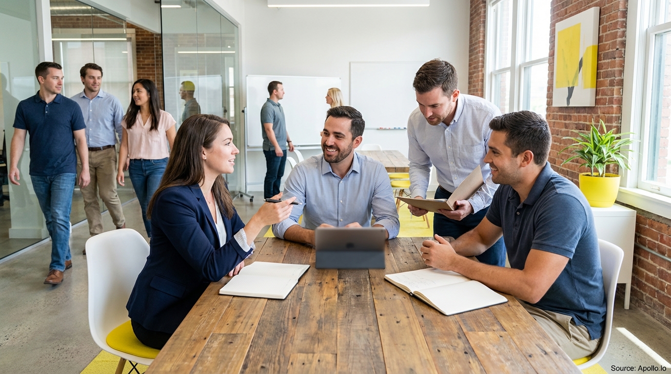 Four colleagues discuss at a wooden table, three walk in a bright office.