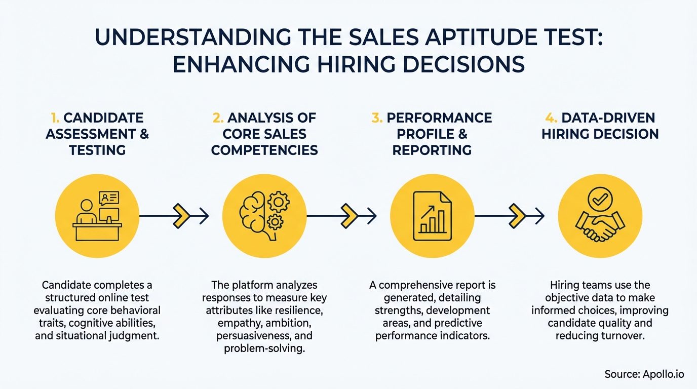 A four-step flowchart details the sales aptitude test process from assessment to data-driven hiring.