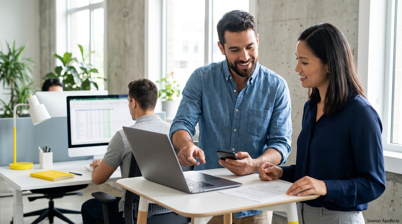 Two smiling professionals discuss work on a laptop and phone in a modern office, with another person working nearby.