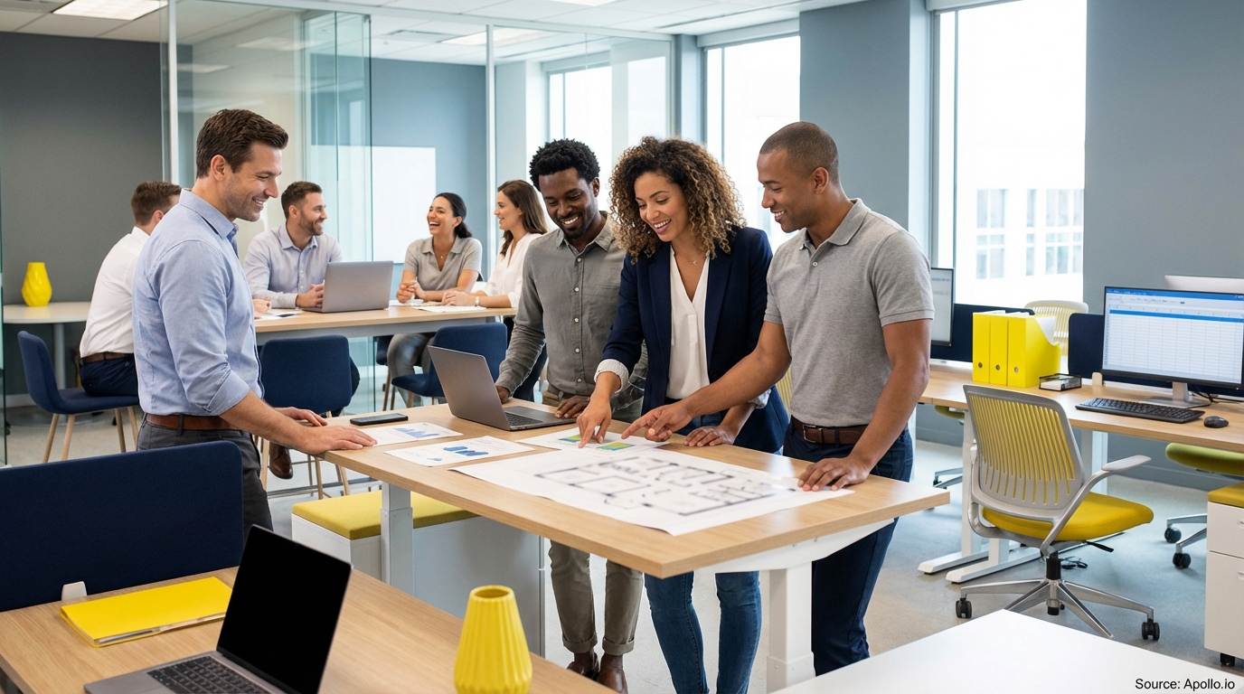 Sales team collaborating in a modern open-plan office in a sales team meeting