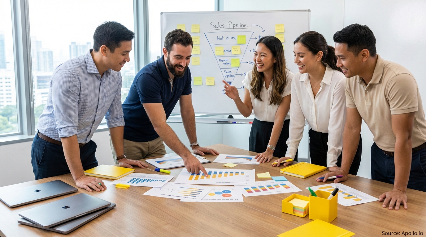 Sales professionals discussing strategy around a conference table in a sales team meeting