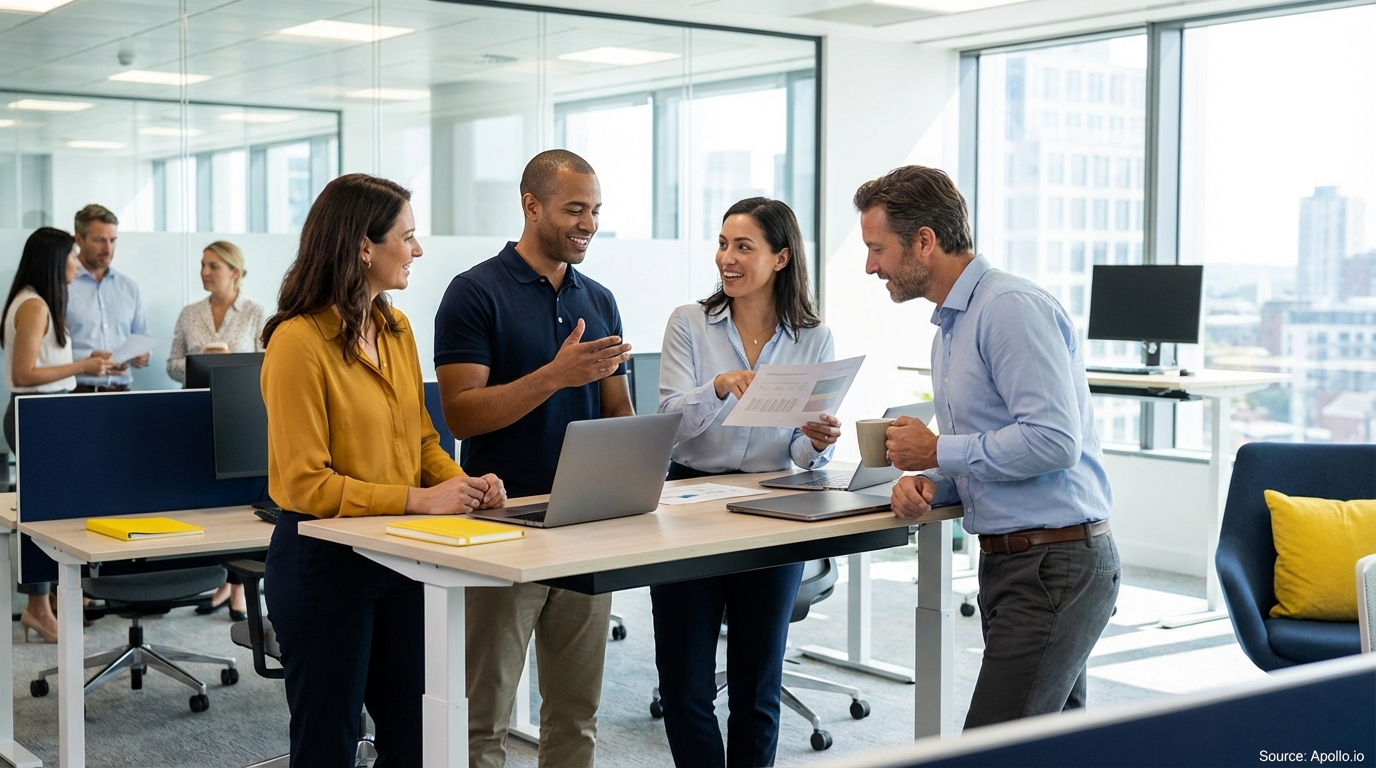 Sales team collaborating in a modern open-plan office evaluating sales technology options