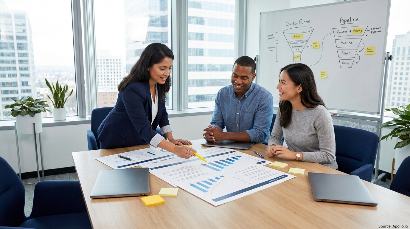 Sales professionals discussing strategy around a conference table evaluating sales technology options