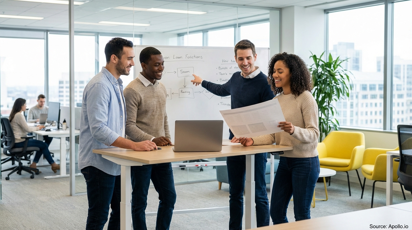 Sales team collaborating in a modern open-plan office evaluating sales technology options