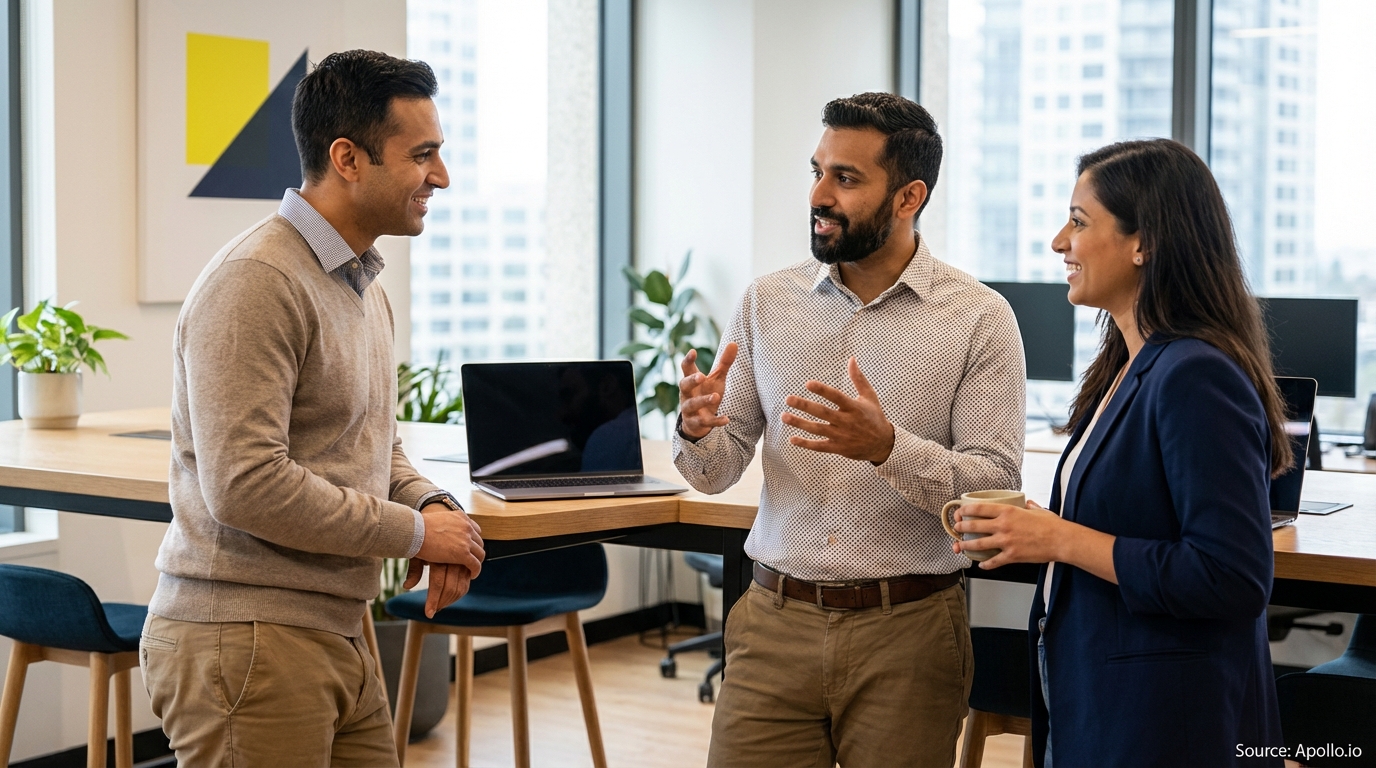 Three professionals discussing and smiling at a modern office standing desk.