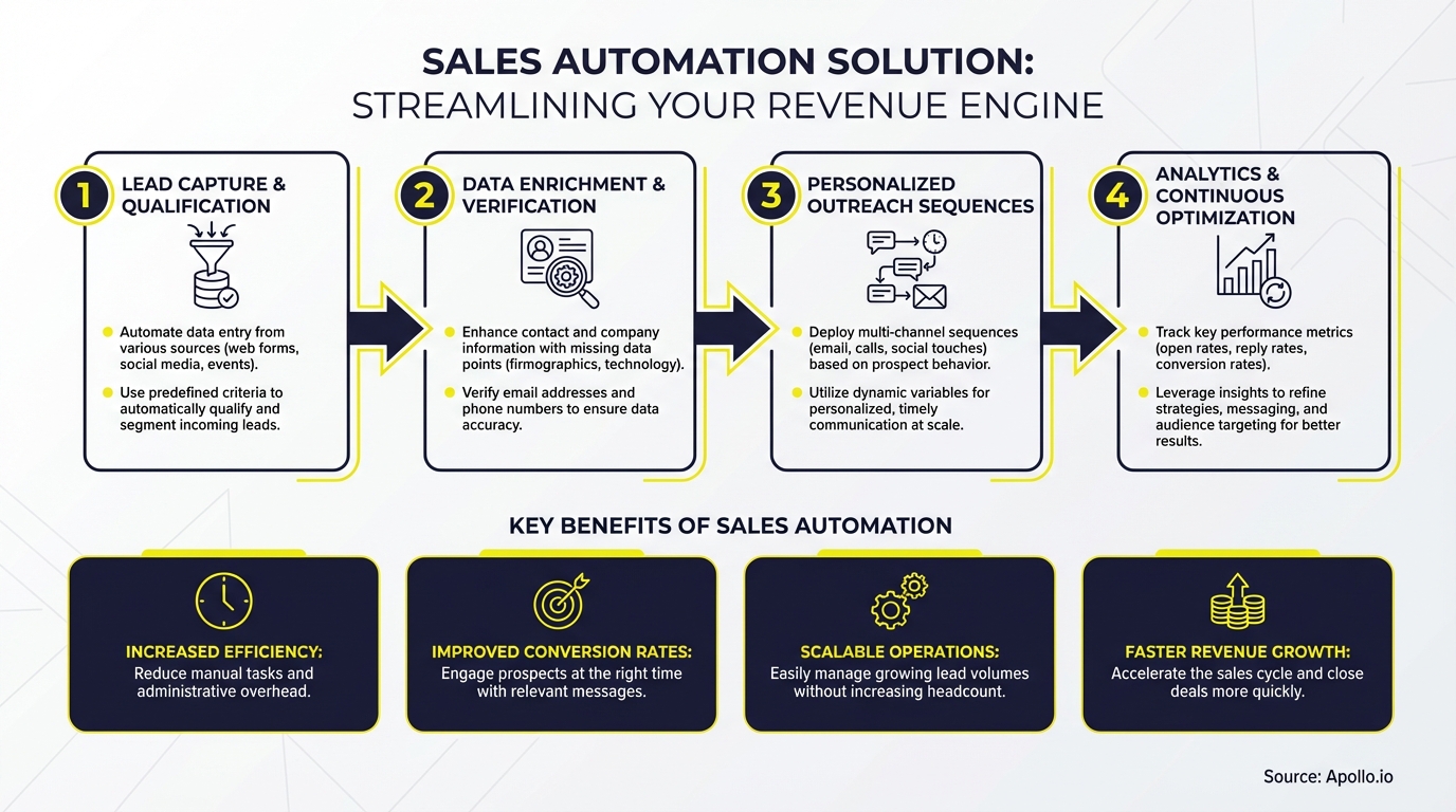 Infographic outlining a four-step sales automation process and its key benefits.