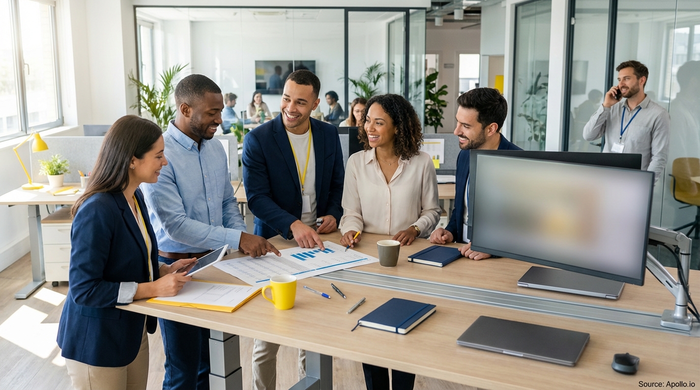 Sales team collaborating in a modern open-plan office evaluating sales technology options
