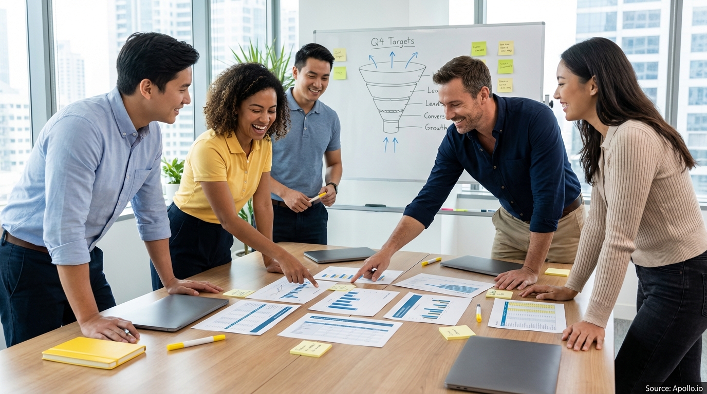 Sales professionals discussing strategy around a conference table evaluating sales technology options