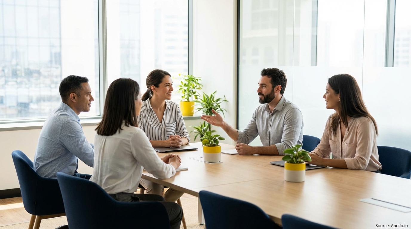 Five colleagues actively discussing at a long table in a bright modern office.