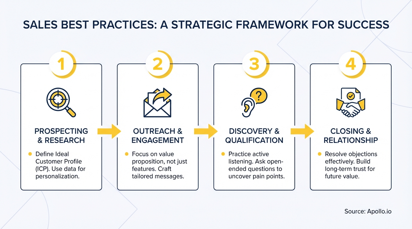 Four-step sales best practices diagram with icons for prospecting, outreach, discovery, and closing stages.