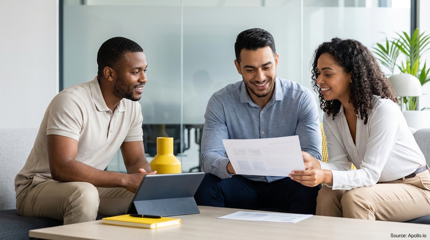 Three smiling professionals discuss documents and a tablet in a modern office lounge.