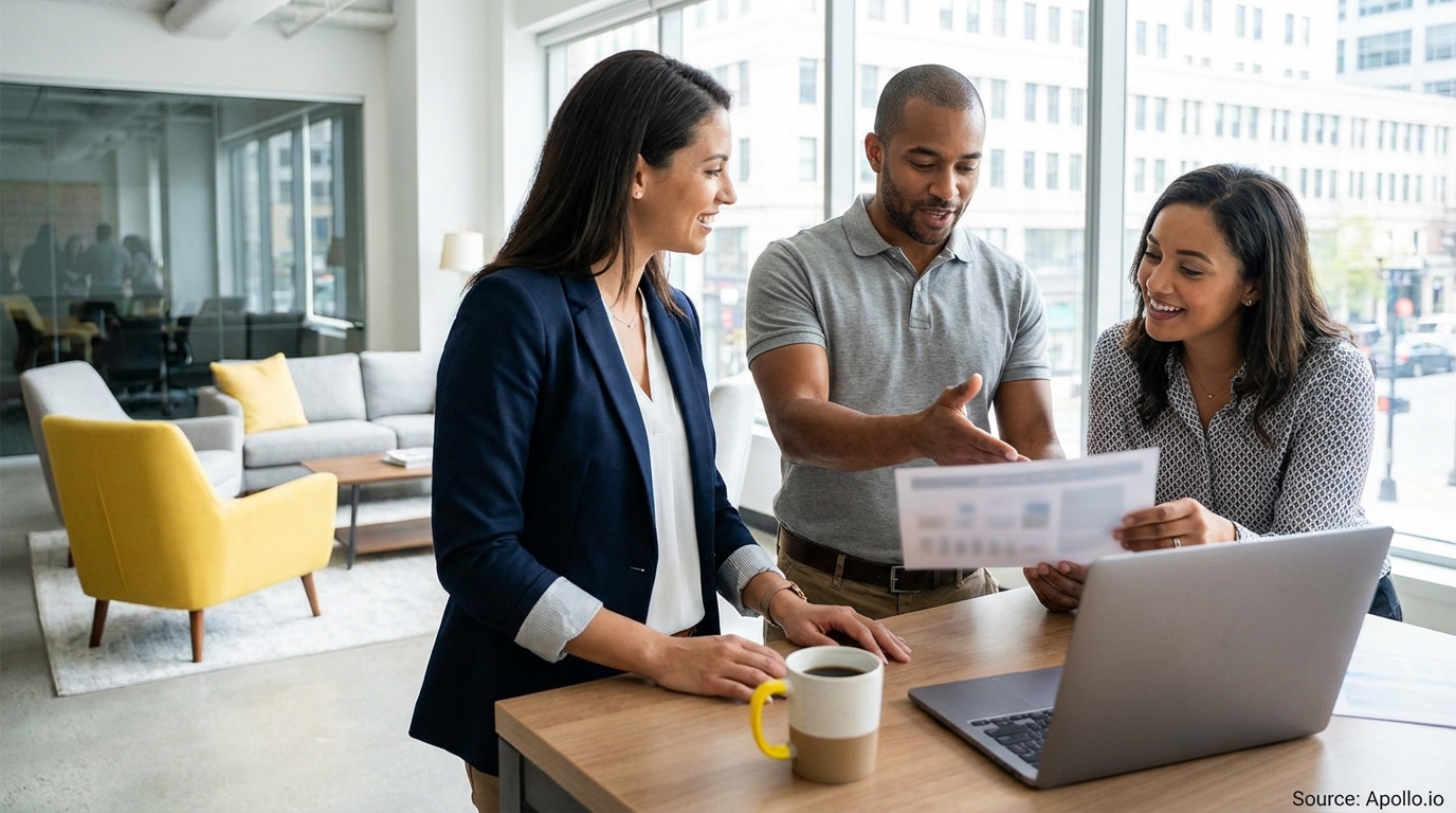 Three colleagues collaborating on a document and laptop in a modern office.
